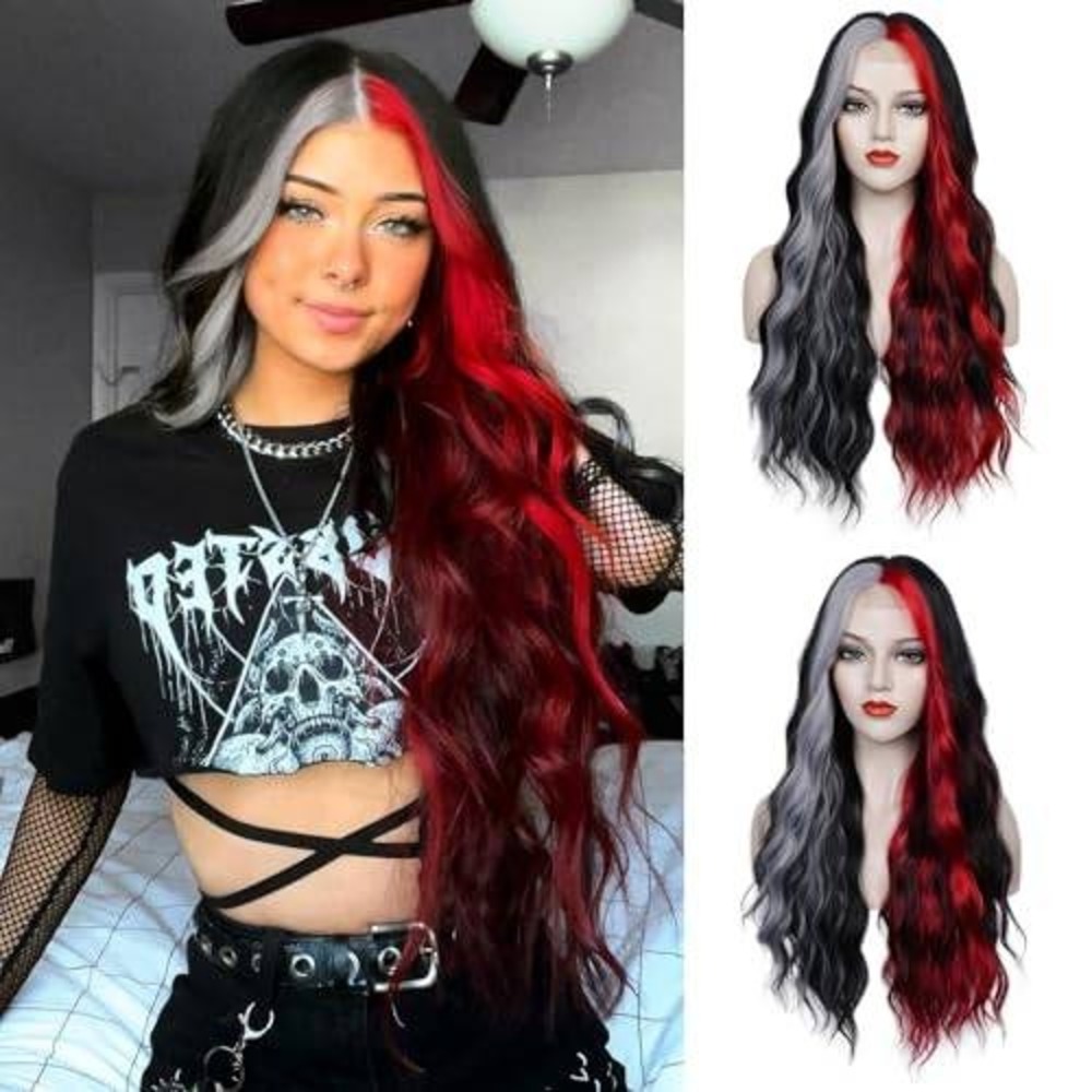 Long Wavy Split Color‎ Wig Black Red Grey Synthetic Heat Resistant Cosplay Hair